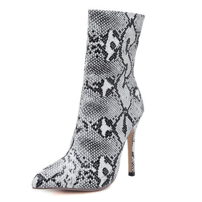 Snake Skin Stiletto Pointed Toe Heel Boots