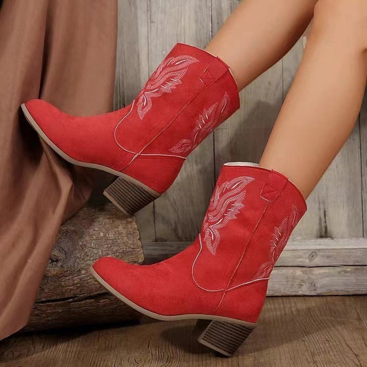 Chunky-Heeled Pointed Toe Embroidered Mid-Tube Western Boots