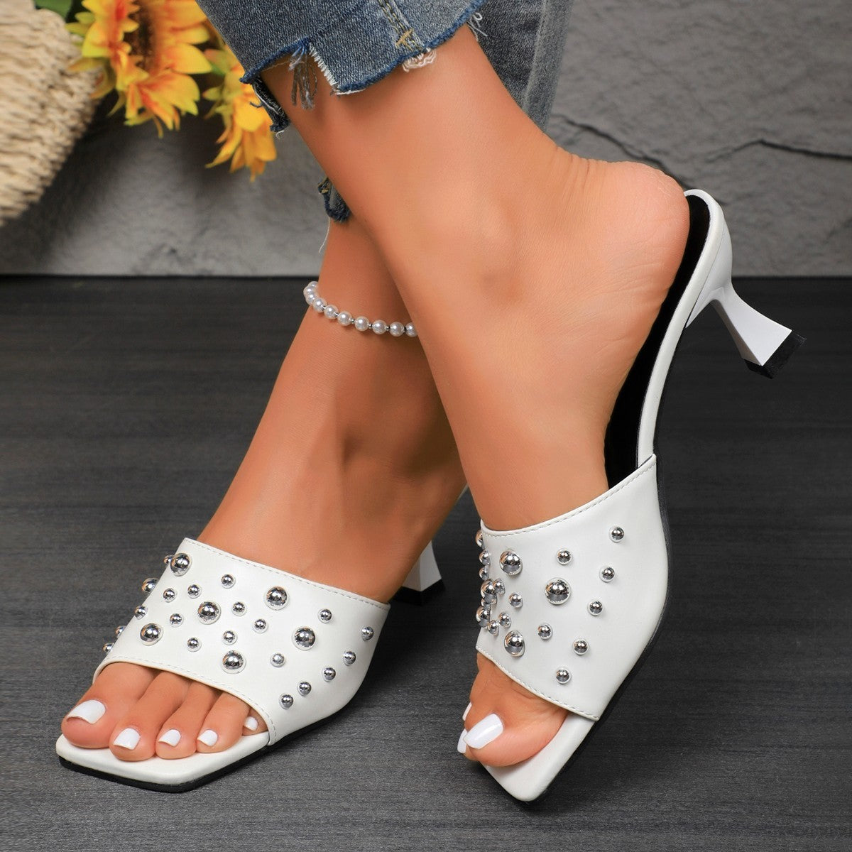 Rivet Open Toe Slipper Heels