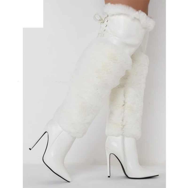 Runway Stiletto Solid Color Plush Over-the-knee Heel Boots