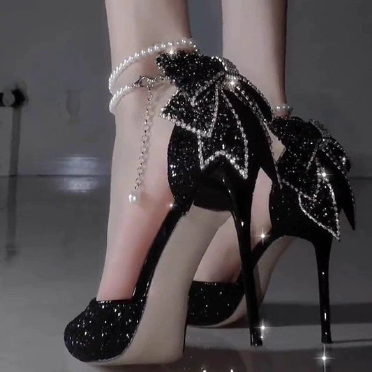 Pointed Toe Shallow Mouth Paillette Bow High Heels