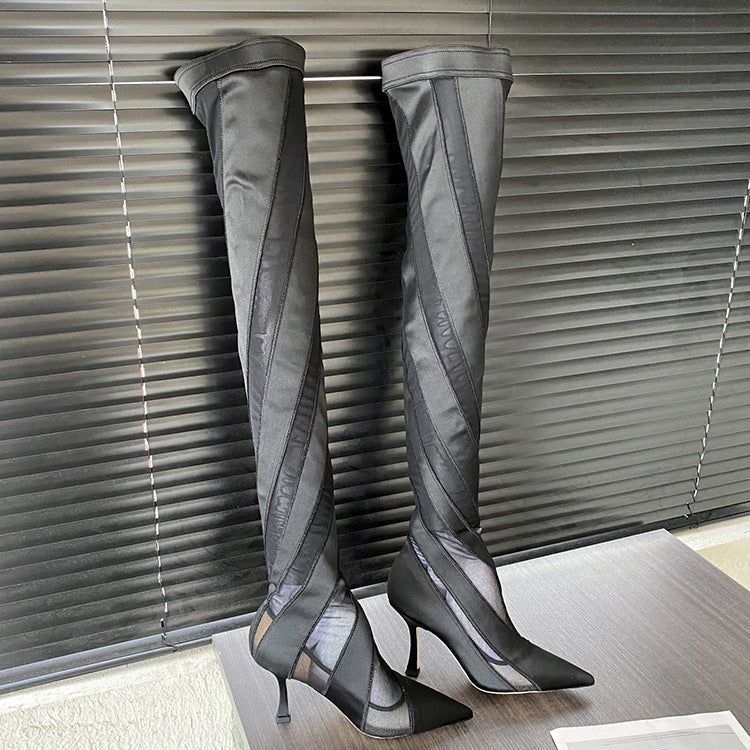 Elastic Thread Stitching Mesh Long Tube Over The Knee Boots