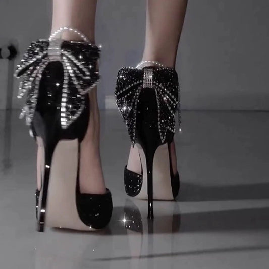 Pointed Toe Shallow Mouth Paillette Bow High Heels