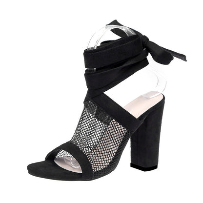 Bandage Flock Cross Strap Lace Up High Heel Sandals