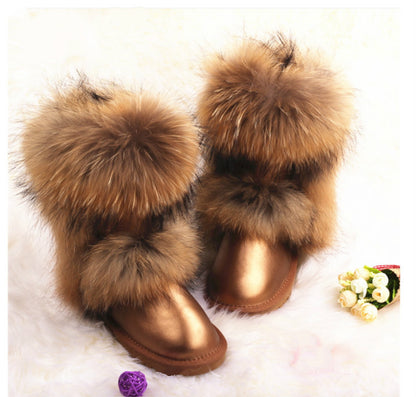 Mid-Calf Fox Fur Snow Boots