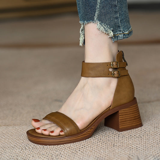 Chunky Heel Back Zip Platform French Style Mid Heel