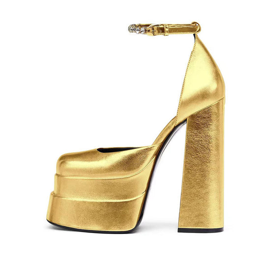 Square Head Hollow Platform Buckled Chunky Heels