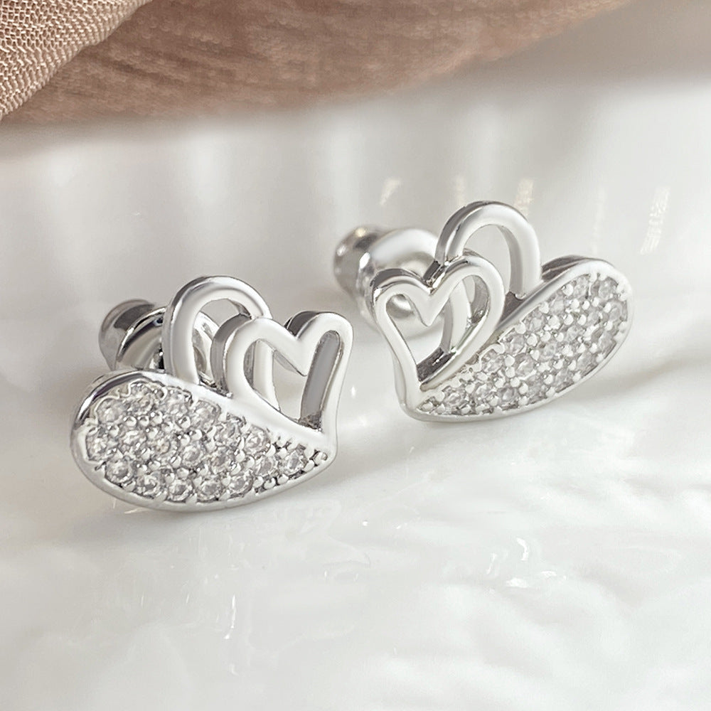 Double Hollowed Heart Shape Ear Studs Copper Inlaid