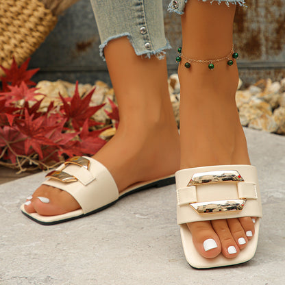 Metal Buckle Open Toe Elegant Comfortable Slippers