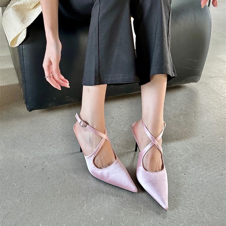 Pointed Toe Light Satin Cross Strap Heels