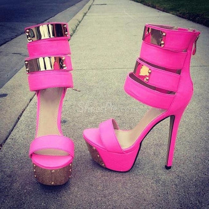Open Toe Roman Sandals Metal Sheet Rivet Waterproof Platform High Heels