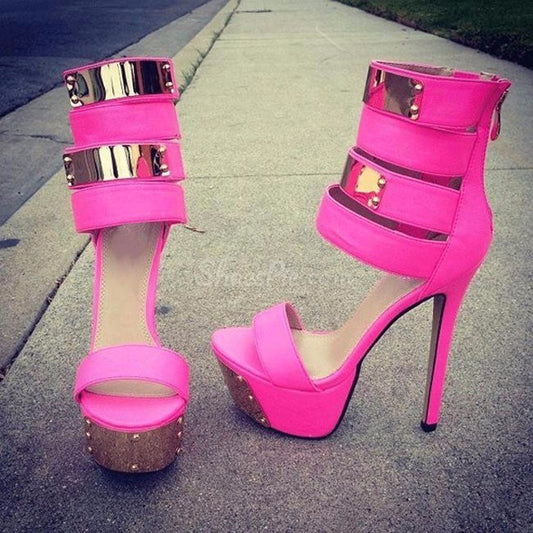 Open Toe Roman Sandals Metal Sheet Rivet Waterproof Platform High Heels