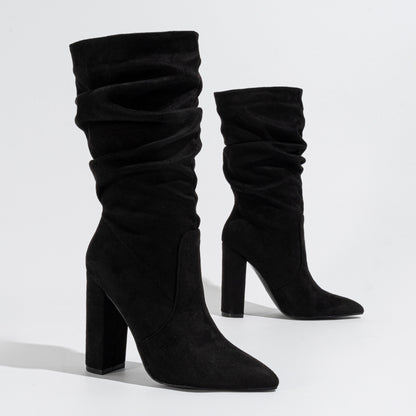 Chunky Pointed-Toe High Heel Pile Boots