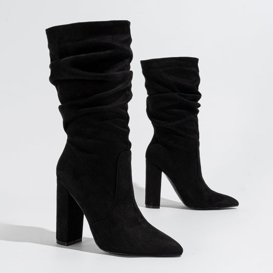 Chunky Pointed-Toe High Heel Pile Boots