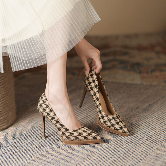 Check Pointed Fine High Heels