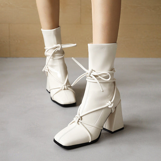 Lace Up Thick High Heel Square Head  Ankle Boots