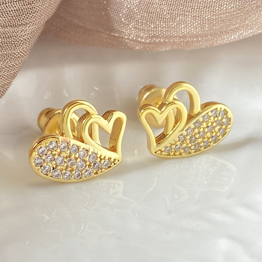 Double Hollowed Heart Shape Ear Studs Copper Inlaid