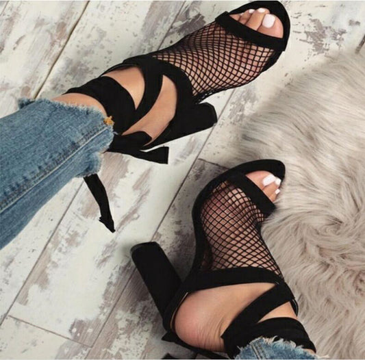 Bandage Flock Cross Strap Lace Up High Heel Sandals