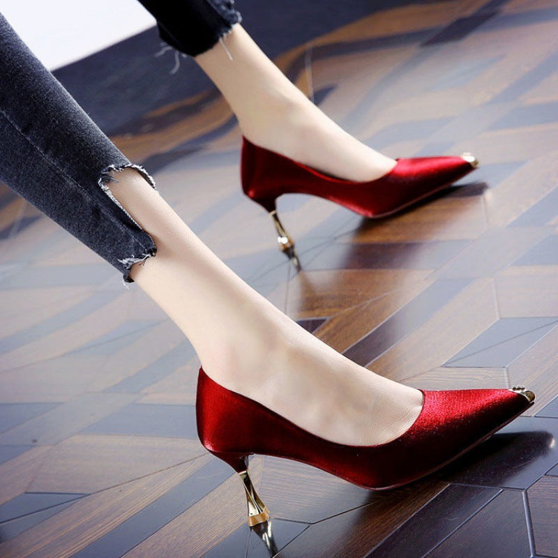 Pointed Gold Toe Satin High Heels