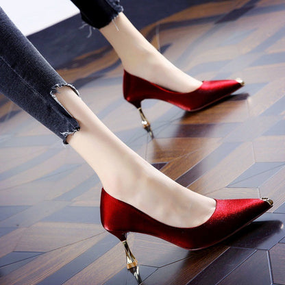 Pointed Gold Toe Satin High Heels