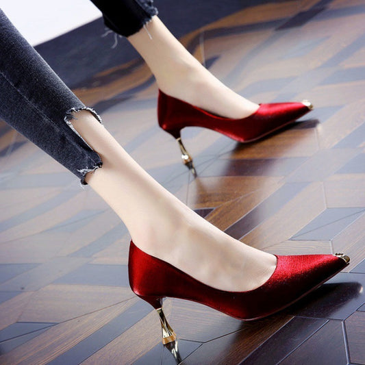 Pointed Gold Toe Satin High Heels