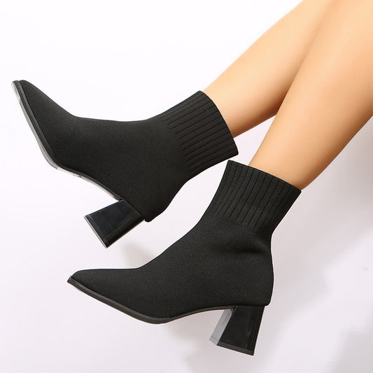 Pointed Toe Stretch Block Heel Boots