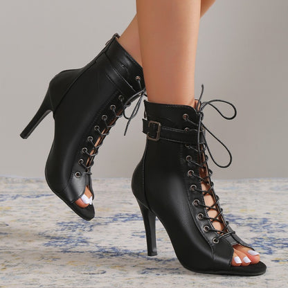 Peep Toe Lace-up Buckle Back Zipper Heels