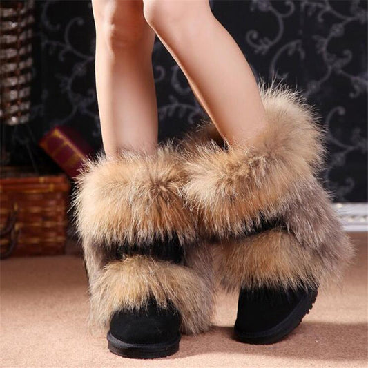 Mid-Calf Fox Fur Snow Boots