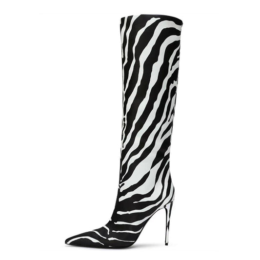 Pointed Stiletto Heel Print Boots Black and White