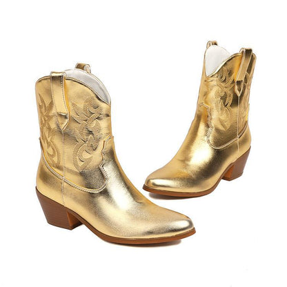 Mirror Patent Leather Embroidery Boots 