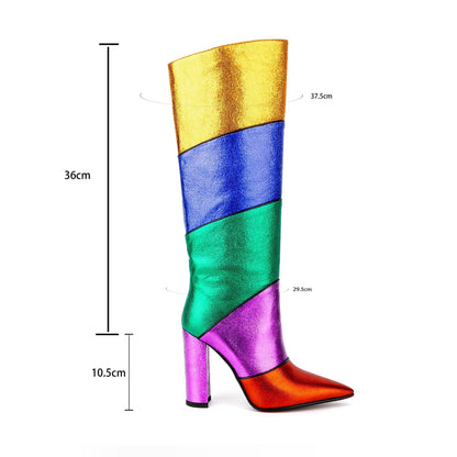 Tribal Card Metal Rainbow Color-blocking Pointed Chunky Heel Boots