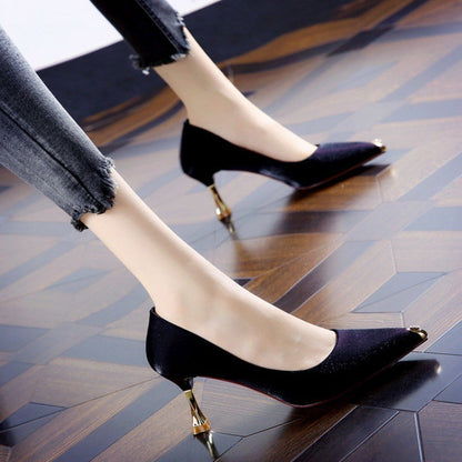 Pointed Gold Toe Satin High Heels
