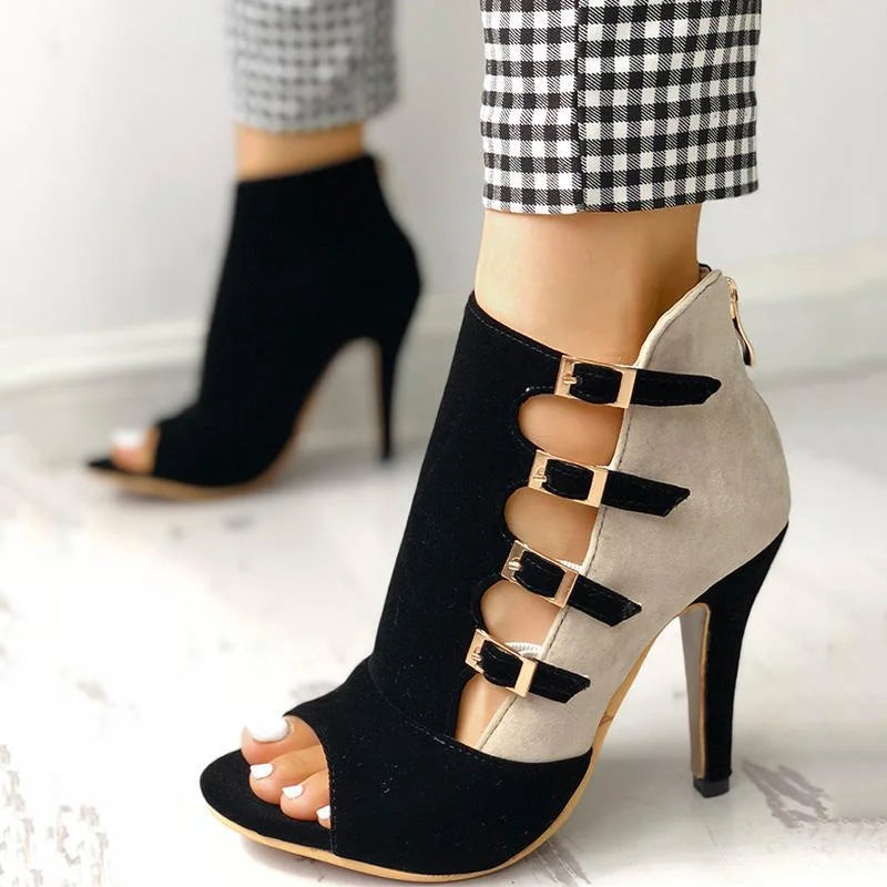 Colorblock Hollow Out Buckled Heels