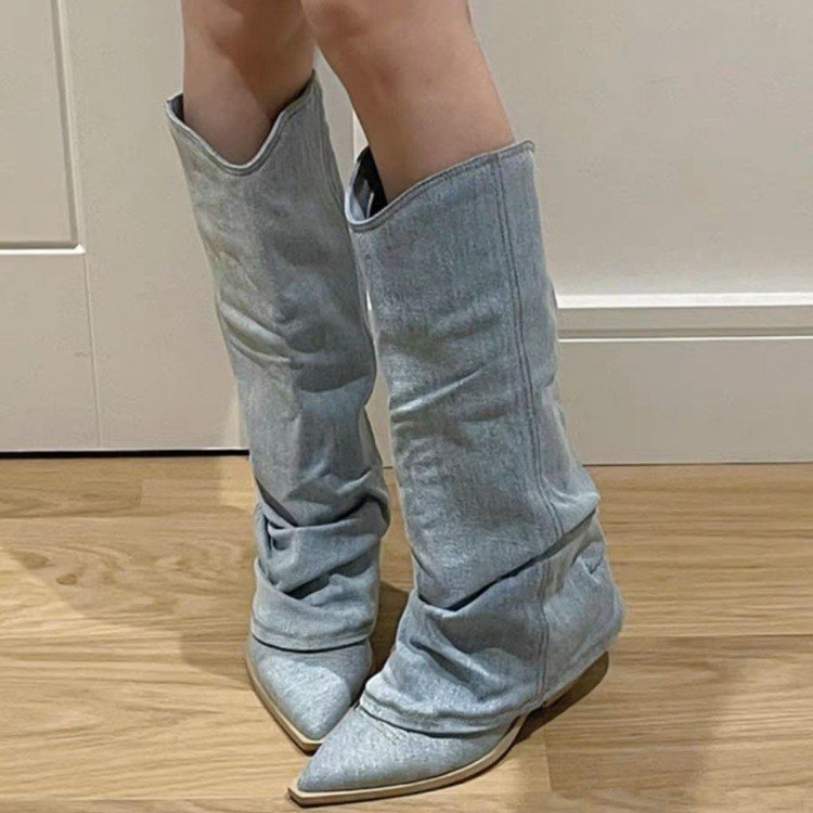 Denim Jeans Long Pointed Block Heel Boots