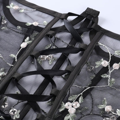 Floral Mesh Lace Up Back Corset Belt 