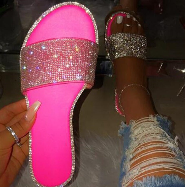 Rhinestone Flat Heel Slipper Sandals