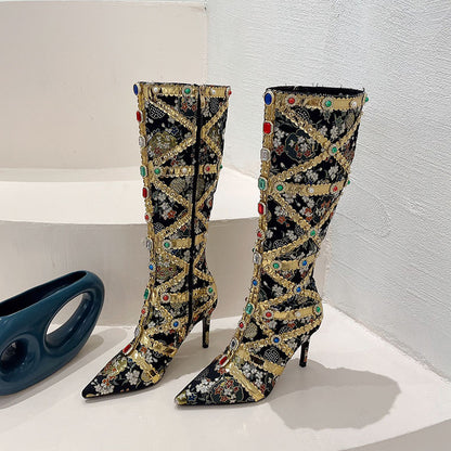 Jewel Style Stiletto High Heel Boots