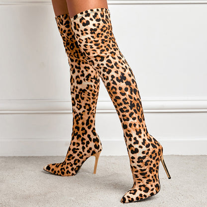 Leopard Print Pointed-toe Skinny Stiletto High Heel Leg Boots