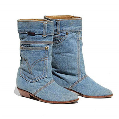 Mid-Calf Low Heel Denim Casual Boots