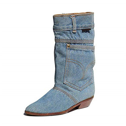 Mid-Calf Low Heel Denim Casual Boots
