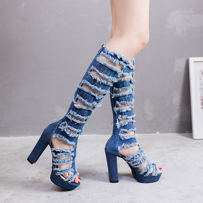 Mid-calf High Heel Fish Mouth Hollow-out Sandal Boots