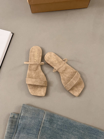 Two Strap Square Peep Toe Suede Slippers