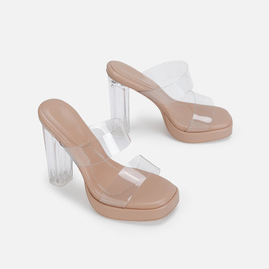 Double Strap Transparent Crystal Thick Heel Sandal