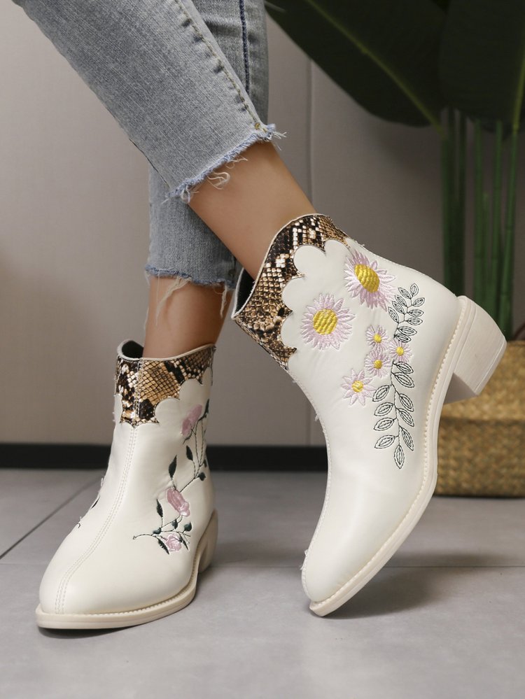 Pointed-toe Stitching Embroidered Chunky Chelsea Mid-calf Boots