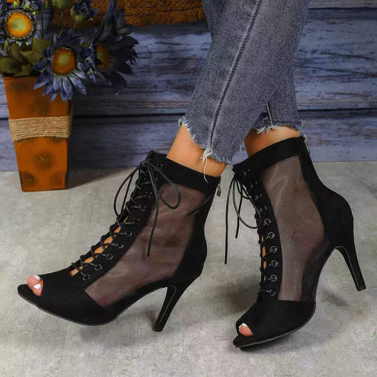 Mesh Lace Up Hollow Out Ankle Boots