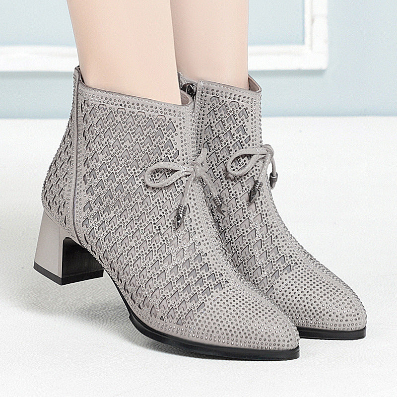 Chunky Heel Mesh Hollow Rhinestone Boots