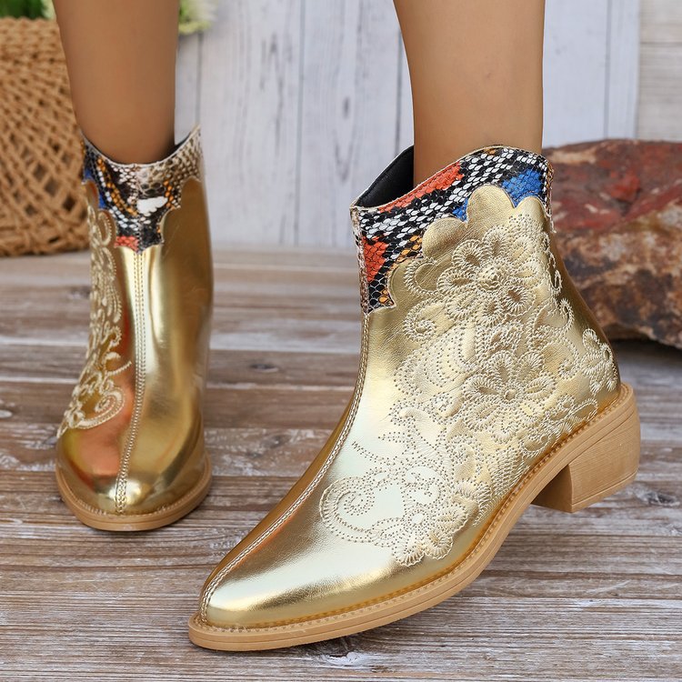 Pointed-toe Stitching Embroidered Chunky Chelsea Mid-calf Boots