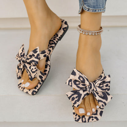Bow Leopard Print Square Toe Sandals
