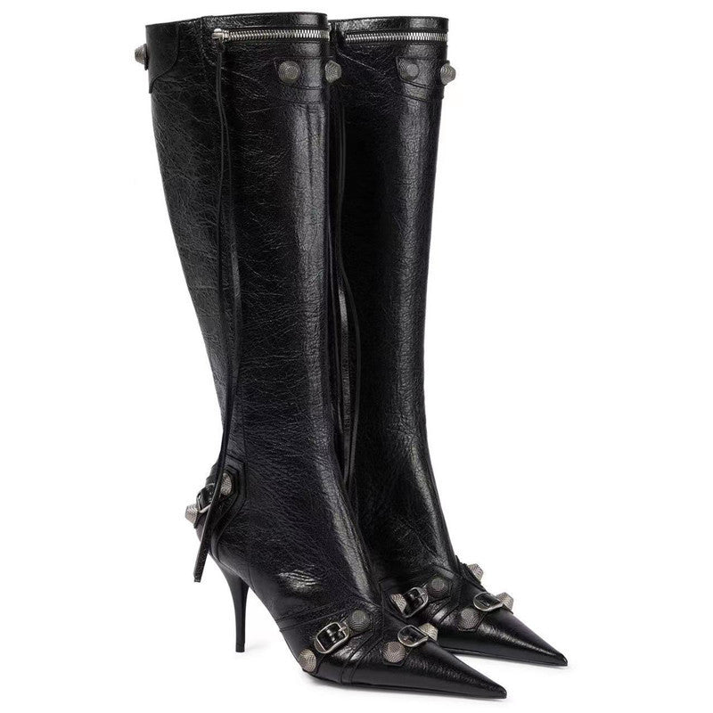 Stiletto Pointed-toe Side Zip Metal Rivet Heel Boots