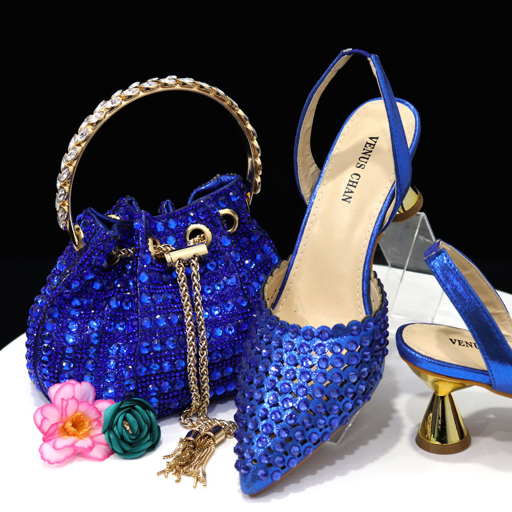 Colorful Stone Bucket Handbag With Pointed Toe Middle Pump Heels